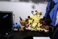 The two biggest Eevees are different life-size releases.  Far right Eevee talks!  And something here is out of place...