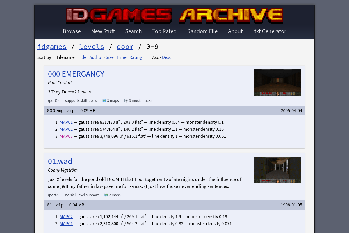 Screenshot of an "idgames archive" website listing, showing two Doom WADs that list their maps with some stats, whether they support skill levels, whether they have music, etc.