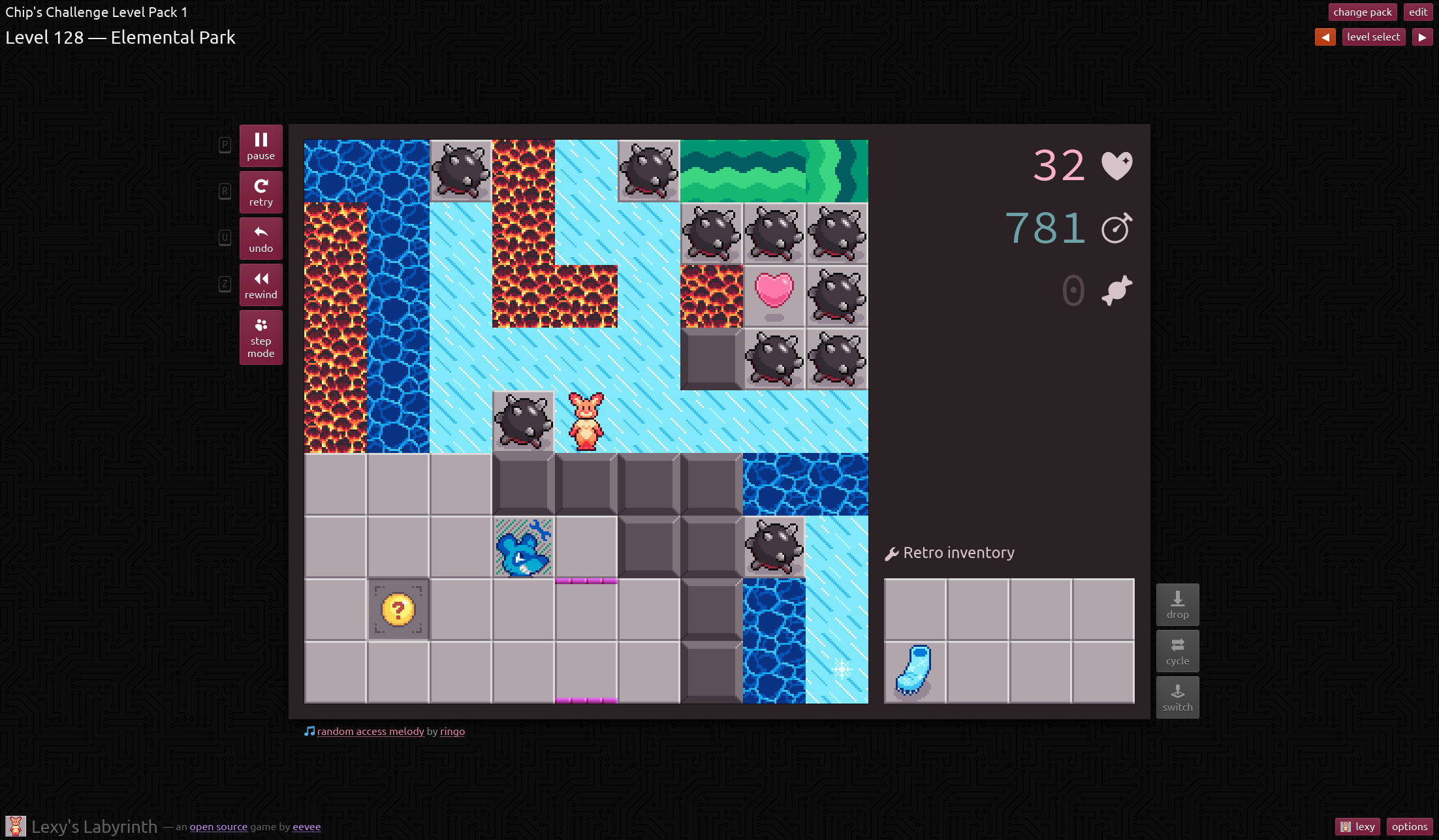 Screenshot of Lexy's Labyrinth, a tile-based browser puzzle game, showing a small fox player in a maze of ice, water, hot coals, and land mines, as well as a lot of surrounding UI