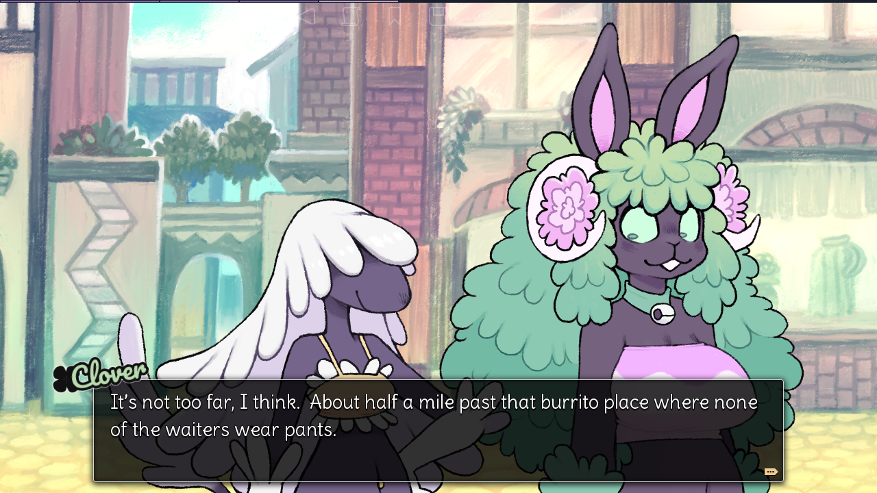 Screenshot of a visual novel where two sheep-like characters are out for a walk; one, named Clover, is saying "It's not too far, I think.  About half a mile past that burrito place where none of the waiters wear pants."