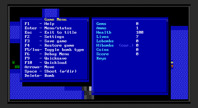MegaZeux's in-game menu, showing a list of keyboard shortcuts on the left and some stats on the right