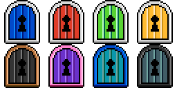 A pixel-art door in eight different color schemes