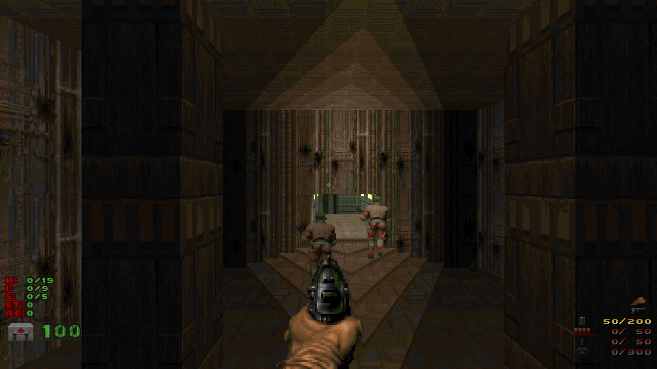 The opening scene of Doom II, but with the player and visible enemies much larger