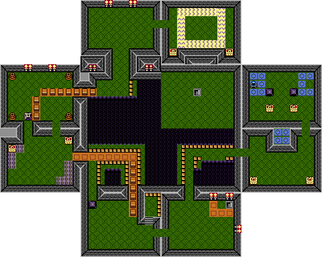 A 4×4 arrangement of rooms with a conspicuous void in the middle