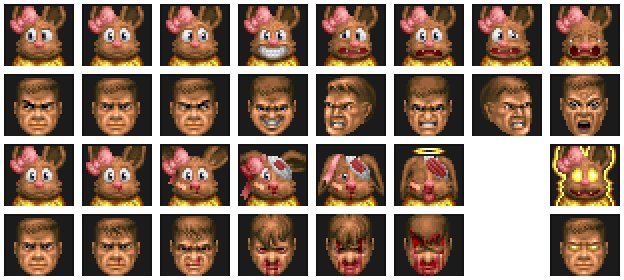 A general comparison between the Doom mugshots and my Eevee ones, showing each pose in its healthy state plus the neutral pose in every state of deterioration