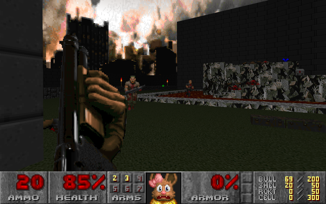 Screenshot of Industrial Zone from Doom II, with an Eevee face replacing the usual Doom marine in the status bar