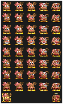 Preview of the Eevee mugshot sprites arranged in a grid, where the Eevee becomes more beaten up in each subsequent column