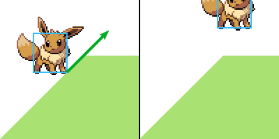 An Eevee moves to the top of a slope, and rather than step onto the flat top, she goes flying off into the air