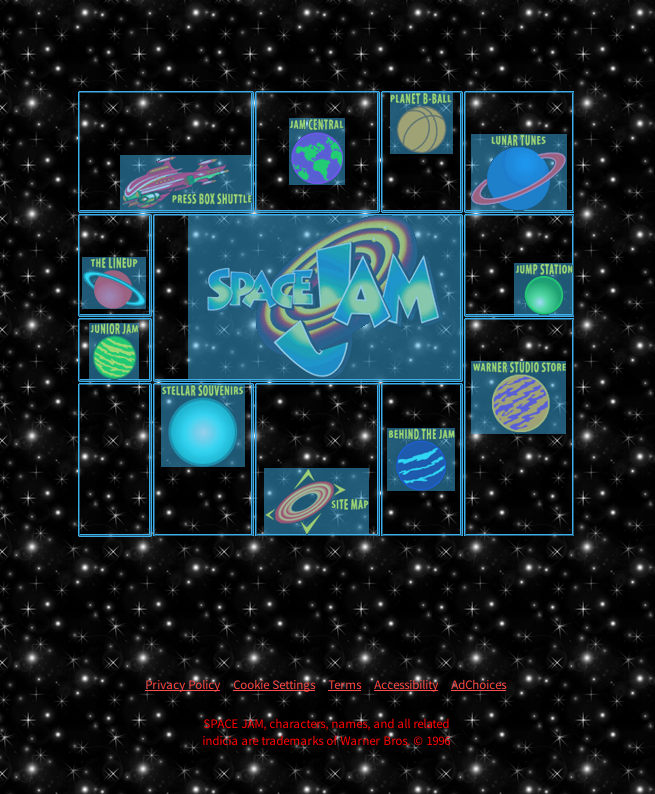 Screenshot of the Space Jam website with the navigation table's cells selected, showing how the layout works