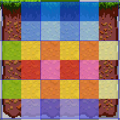 A set of dirt tiles from fox flux, colored to indicate where different tiles have identical corners