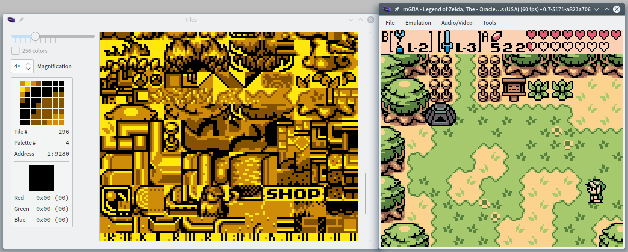 Oracle of Ages and its live tilemap, with tiles spelling SHOP clearly visible