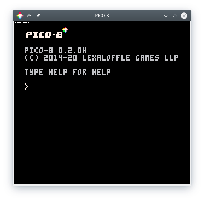 A fresh PICO-8 window, with white old-school text on a small black screen and a command prompt