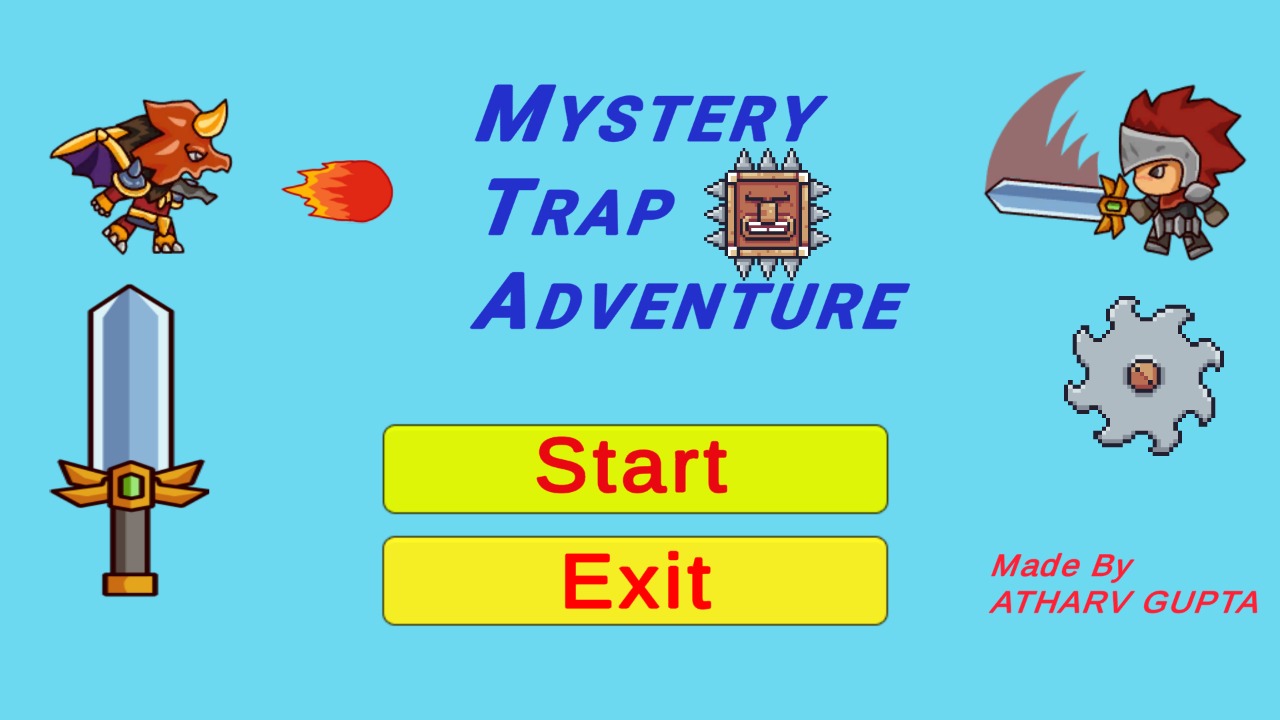 The title screen for Mystery Trap Adventure: a collage of mismatched artwork on a nearly cyan background