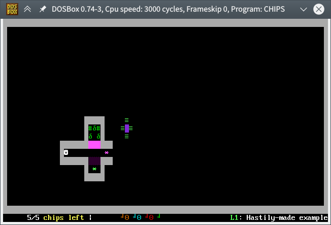 Screenshot of my QBasic implementation of Chip's Challenge, using all character-based graphics