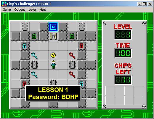 Screenshot of the Microsoft edition of Chip's Challenge, showing the first level, courtesy of the BBC wiki