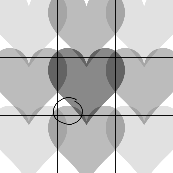 A 3×3 grid of hearts expanding out of their cells, showing that the top of a heart can grow into the cell above.